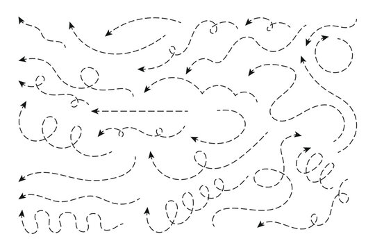 Dashed line arrow set, curvy , twirl and straight as guide line for treasure map, map, borderline, diecut, guideline, cut line, industrial product, plane and more.