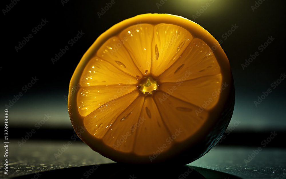 Poster backlit lemon slice on dark surface. yellow citrus fruit with segments visible. sunlight shining thr