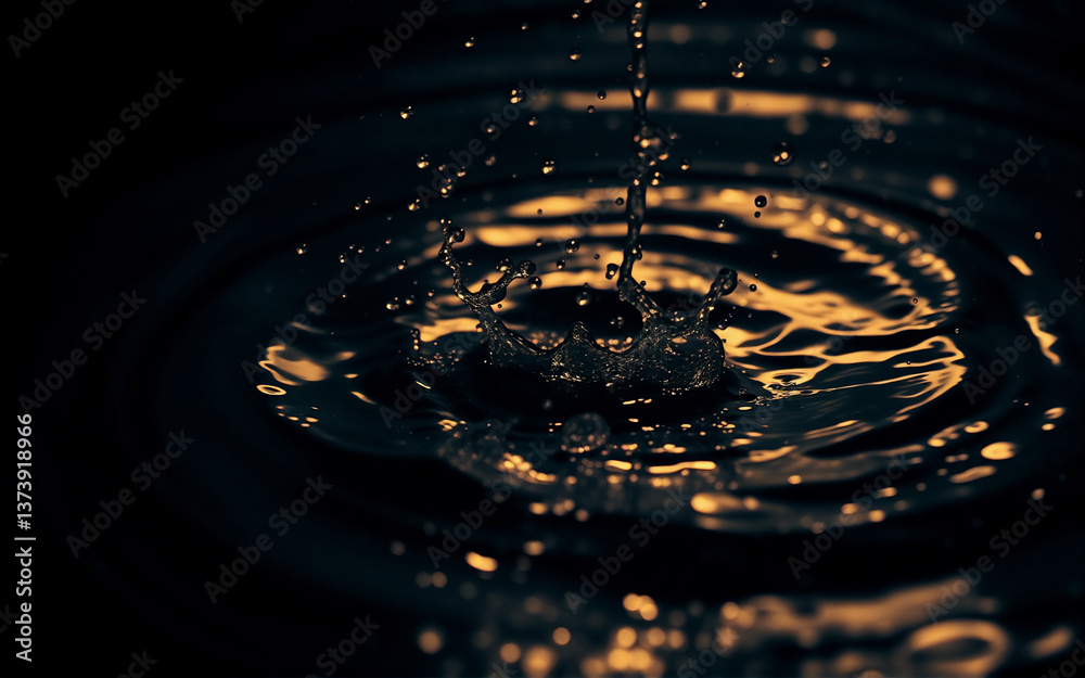 Poster water droplet creates ripples and splashes as it falls into dark liquid. dramatic lighting highlight
