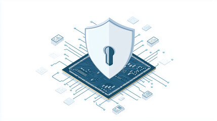Fototapeta premium Digital Fortress: A digital security concept depicting a shield, symbolic of protection, hovering over a circuit board