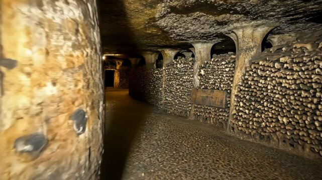 Exploring the eerie catacombs filled with historical bones in a dimly lit underground tunnel