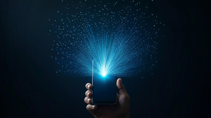 Digital Spark: A hand cradles a smartphone, radiating an ethereal light, suggesting connection, innovation, and the flow of data in a dark space.