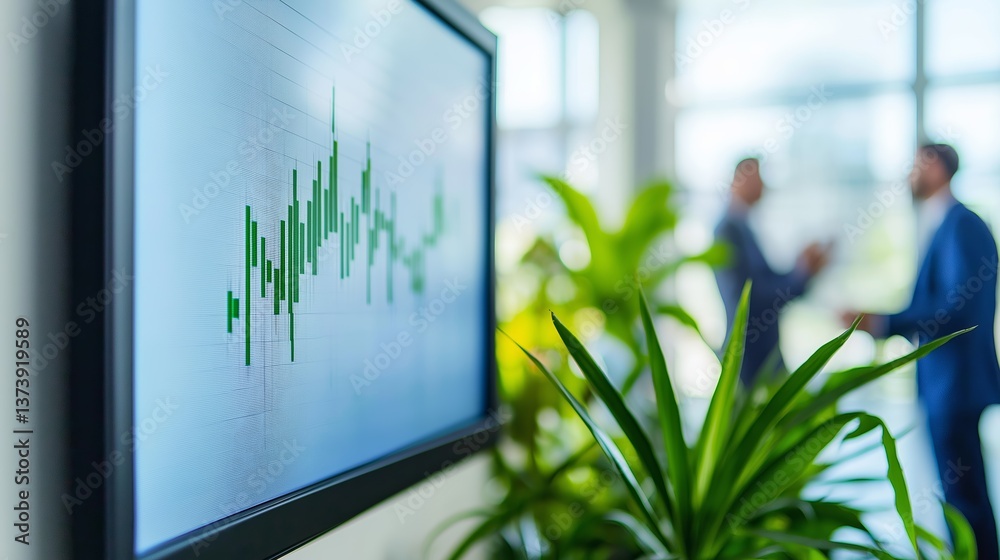 Poster Office scene with focus on green bar graph on digital screen while businesspeople shake hands in modern corporate setting, Generative AI