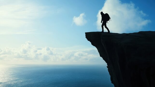 Silhouette on Cliff Edge: Sea View, Adventure, and Open Sky.