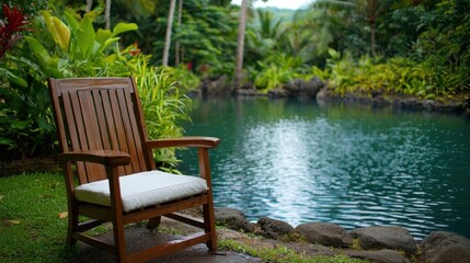 Fototapeta premium A tranquil wooden chair beside a serene pond, surrounded by lush greenery and vibrant tropical plants.