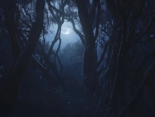 Enchanted Moonlit Forest: Mystical and Eerie Nighttime Landscape Photography