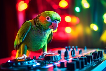 vibrant, exotic parrot standing on a DJ booth with colorful lights and a minimal background, leaving space for text