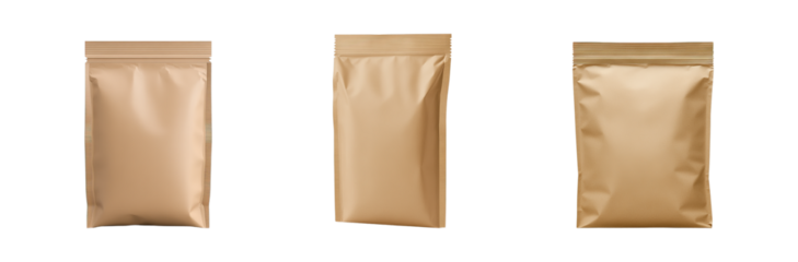Kraft paper stand up pouch with zipper heat sealable for food storage pack of three eco friendly bags transparent background