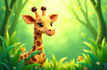 cute cartoon giraffe standing in lush green forest with gentle sunlight. vibrant nature background with colorful flowers and trees. children's book, animation, adorable educational poster