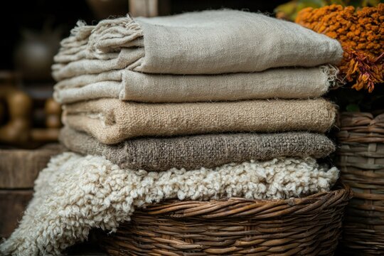 Stack of Natural Linen Wool and Alpaca Throws in Rustic Wooden Basket