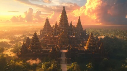 Sunrise over ancient Asian temple, jungle mist, travel poster