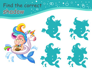 Find the correct shadow cute happy mermaid. Educational matching game for children with cartoon character. Activity, logic game, printable worksheet with task for kids, vector isolated illustration