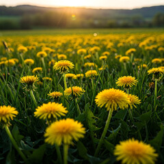 Fototapeta premium Field of Vibrant Yellow Dandelions at Sunset