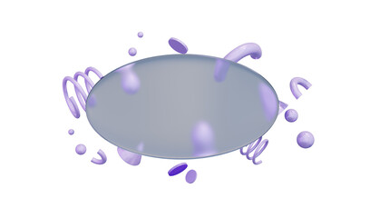 Futuristic transparent oval frame with abstract purple 3D element on transparent background. With place for text. Style glassmorphism.