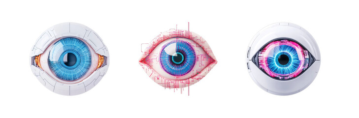 Futuristic eye collection set of three artificial eyes with advanced technology perfect for sci fi projects transparent background