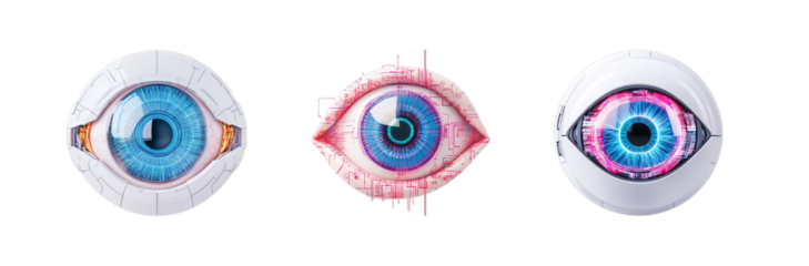 Futuristic eye collection set of three artificial eyes with advanced technology perfect for sci fi projects transparent background