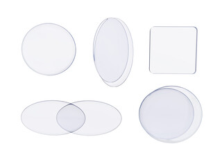 Transparent glass shapes set – high-resolution PNG with circular, oval, and square elements. With place for text on transparent background. Style glassmorphism.