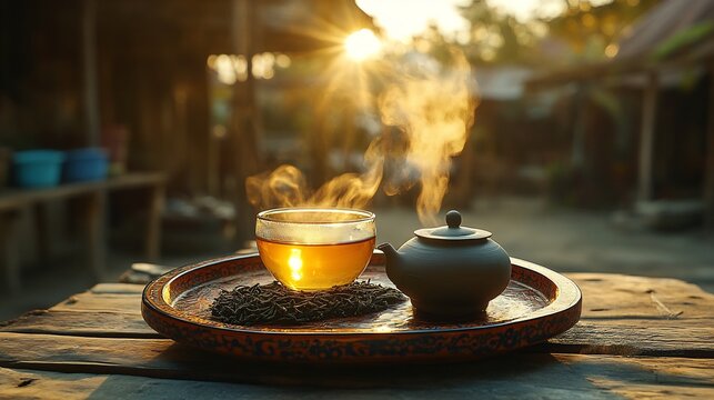 Burmese Lahpet Fermented Tea Leaves served a traditional lacquer tray golden hour light casting a soft glow delicate steam rising rustic Burmese setting in the background