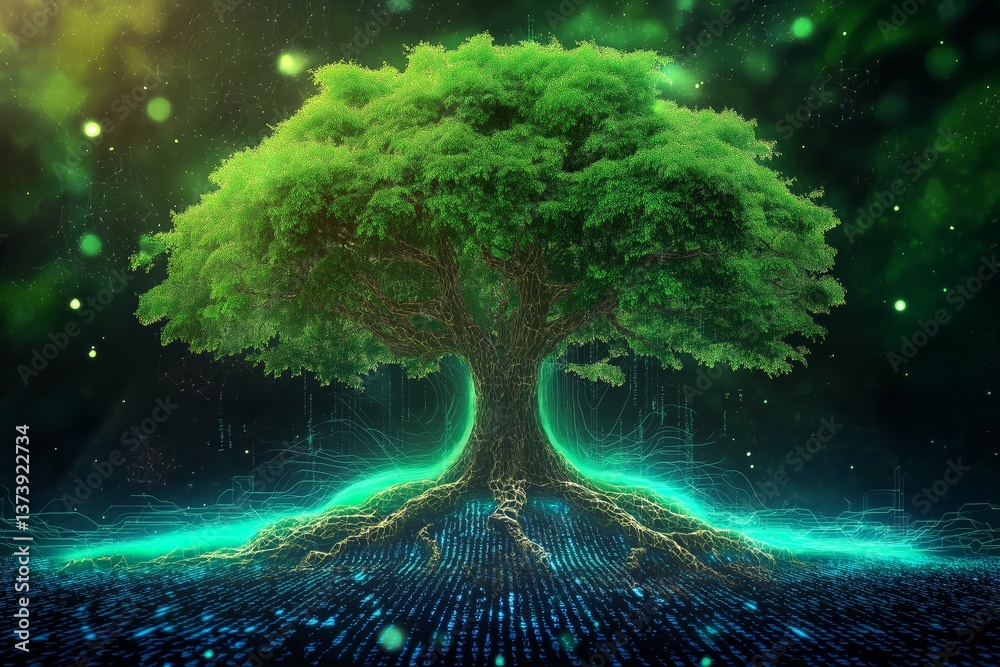 Poster Futuristic glowing tree with digital roots and binary matrix falling like rain, symbolizing nature-technology fusion and digital connectivity, Generative AI