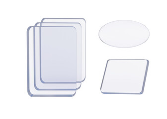 Transparent glass shapes set – high-resolution PNG with circular, oval, and square elements. With place for text on transparent background. Style glassmorphism.