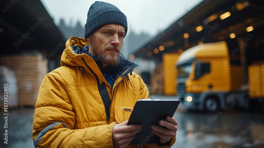 Aufkleber a logistics worker wearing a yellow jacket and gray beanie checks inventory using a tablet outside a