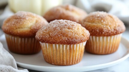 Golden-brown muffins dusted with sugar sit on a marble plate. Soft focus highlights their fresh-baked goodness
