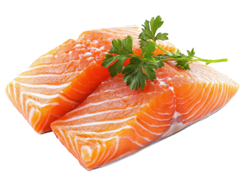 Isolated Two Slices of Raw Salmon with Parsley