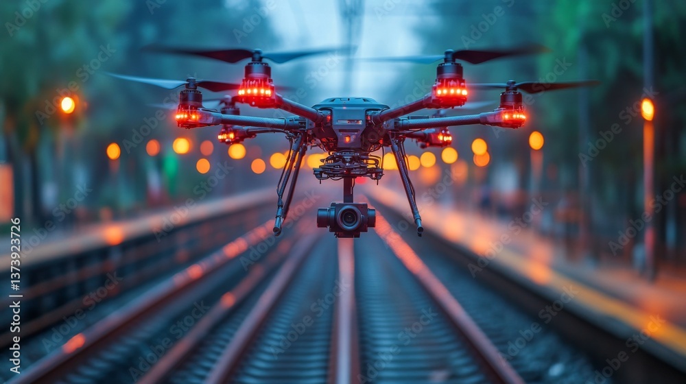 Poster a drone equipped with a camera hovers above railway tracks, capturing live footage for monitoring an