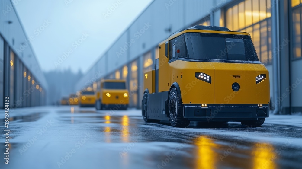 Poster Autonomous vehicles are navigating a large warehouse in winter, enhancing efficiency in logistics and sorting operations while managing inventory and fulfillment tasks.