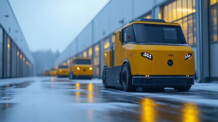 Autonomous vehicles are navigating a large warehouse in winter, enhancing efficiency in logistics and sorting operations while managing inventory and fulfillment tasks.