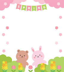 In the spring season forest, cute bear and rabbit characters stand under blooming cherry blossom trees with garlands hanging from them.