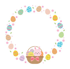 Border background with eggs, rabbits and chicks in Christian Easter concept. Eggs with various patterns painted on them are exchanged to celebrate the resurrection and bless the other person.