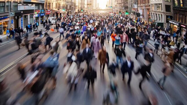 Fastpaced urban street crowd movement in busy cityscape captured in motion blur
