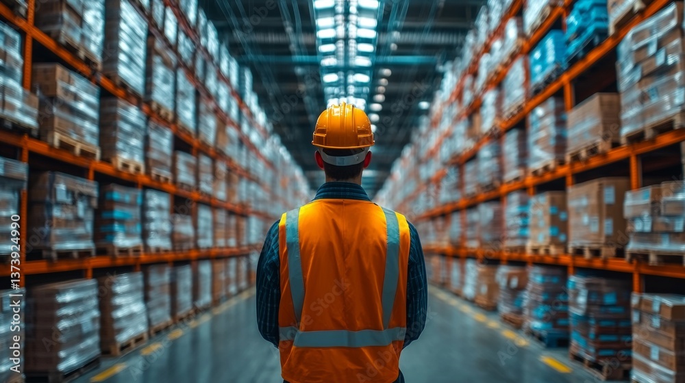 Poster a worker in a safety vest and helmet stands in a spacious warehouse, observing neatly arranged palle