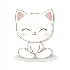 Fototapeta premium Cute white cartoon cat sitting and smiling on white background. Adorable kawaii style white cat character sitting and smiling, isolated on white background