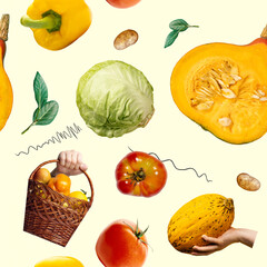 Seamless pattern with cabbage, squash, tomatoes, basket, and vegetables against pale yellow background. Textures. Concept of organic farming, food gathering, and gardening culture.