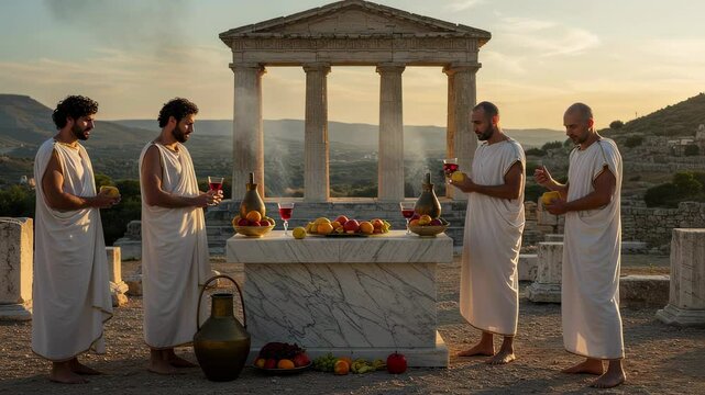 Four men dressed in ancient togas stand around a marble altar laden with fruit and wine in classical ruins at sunset, depicting historical reenactment, ritual or a symposium scene
