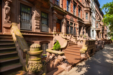 Manhattan brownstones and townhouses with entry steps. Upper West Side Central Park West Historic...
