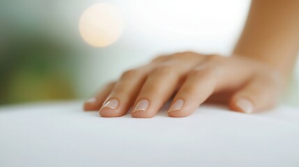 Close up of Woman's Hand on Soft Surface, Soft, smooth skin and nails. Spa, beauty, and wellness concept.