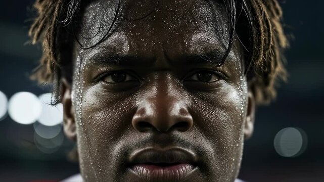 Intense close-up of a sweating black athlete's face showing fierce determination and focus against a blurred background, representing peak effort and competitive drive in sports
