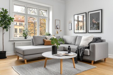 Modern living room with grey sofa and green plants cozy apartment interior design bright atmosphere aesthetic view