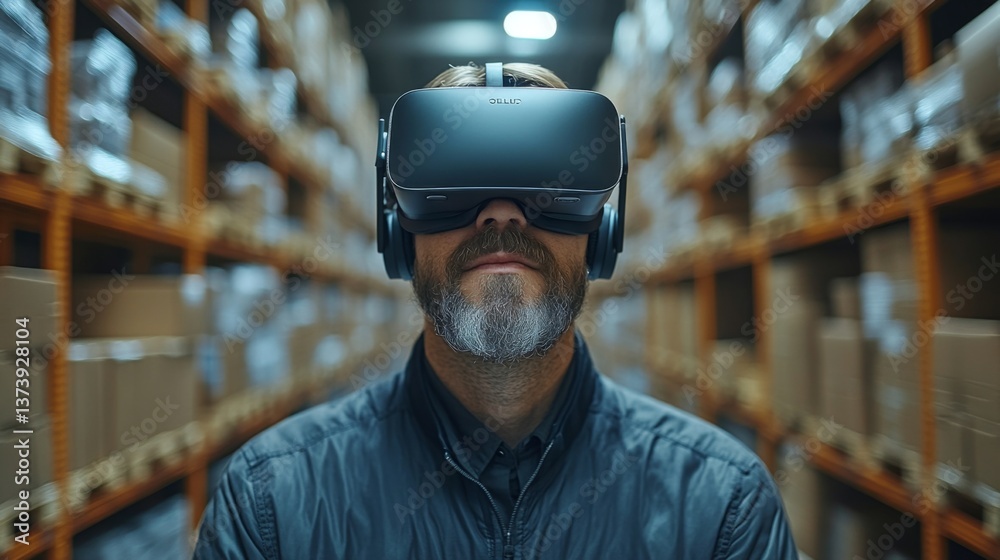 Aufkleber a man wearing virtual reality gear in a large warehouse focused on improving logistics and inventory