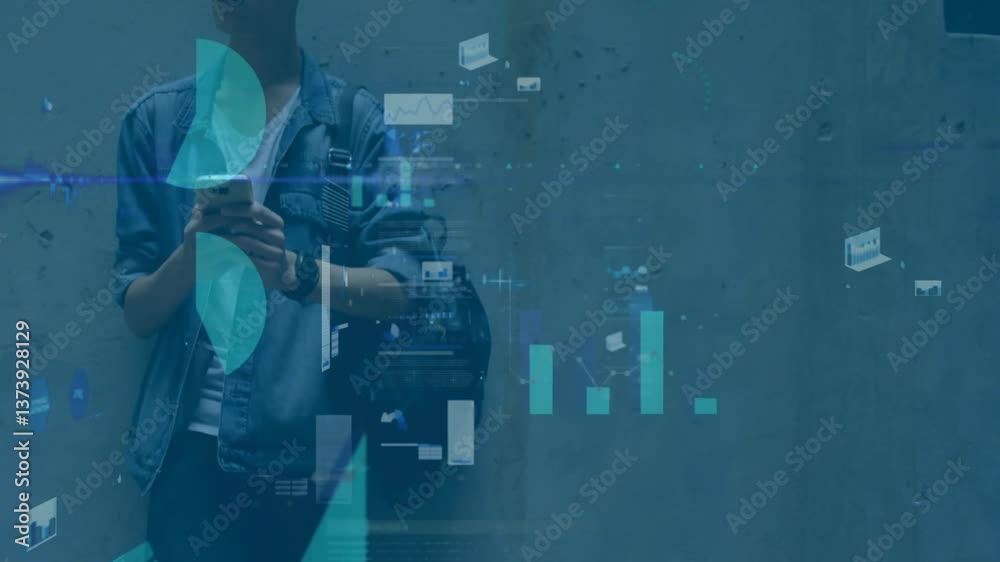 Poster using smartphone, person viewing digital data charts and animation in school
