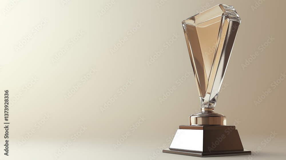 Poster modern transparent glass trophy with geometric design and golden reflection, symbolizing recognition