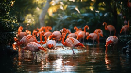 Flamingos flocking tropical lagoon sunset