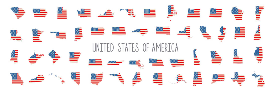 Collection of USA flag on American state maps. Vector illustration.