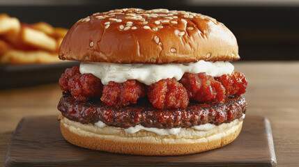Succulent meat burger topped with cheese and savory sauce being served to a satisfied customer in a fast food environment