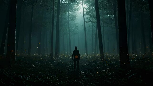 Silhouette of a man stands in a mystical dark forest illuminated by light beams and fireflies, symbolizing a journey, mystery, hope, solitude or exploring the unknown path ahead