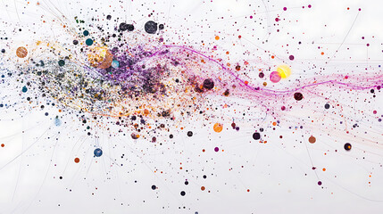 Abstract Network of Interconnected Colored Dots with Lines on a White Background, Representing Data Flow and Connectivity