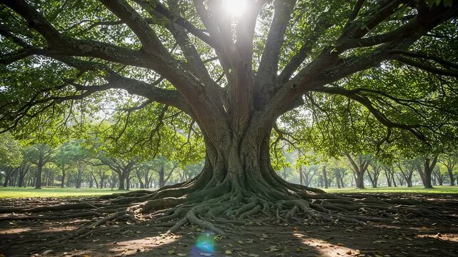 Majestic ancient tree stands with strong, exposed roots grounding it firmly in a sunlit park, symbolizing strength, stability, heritage, and connection with nature